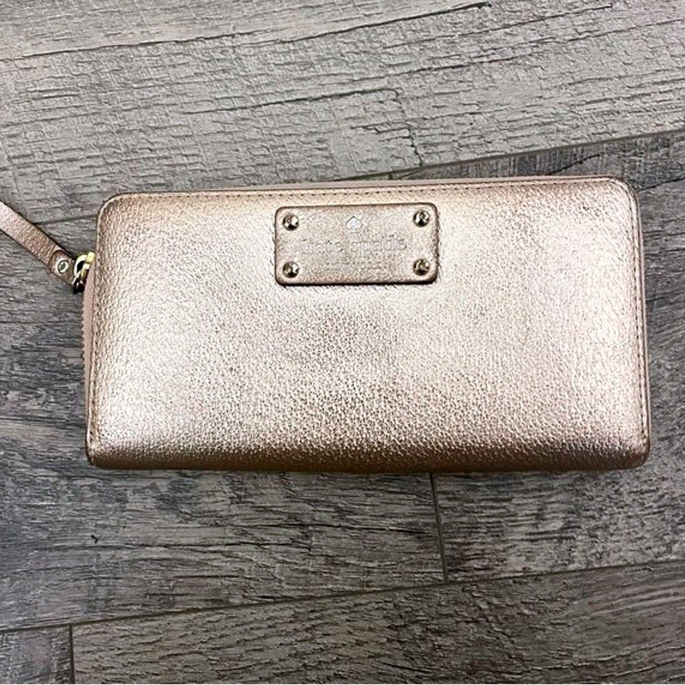 Kate Spade New York Metallic Rose‎ Gold Zip Around Wallet Pebbled Leather